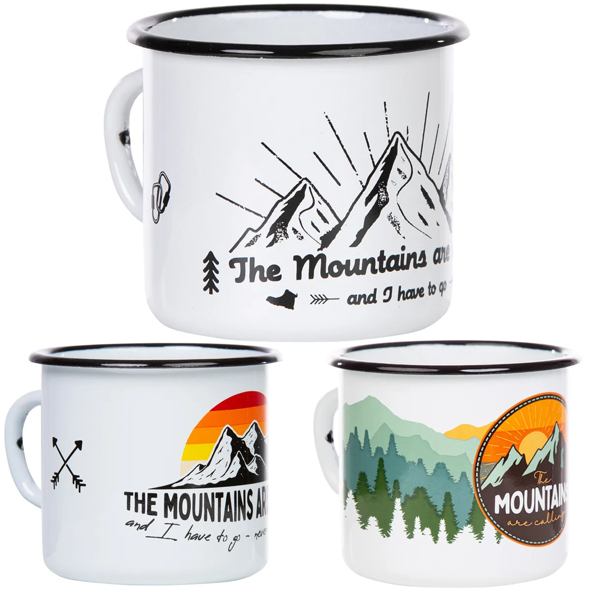 MOUNTAINS ARE CALLING Emaillebecher in weiß - Inhalt 330ml - verschiedene Motive