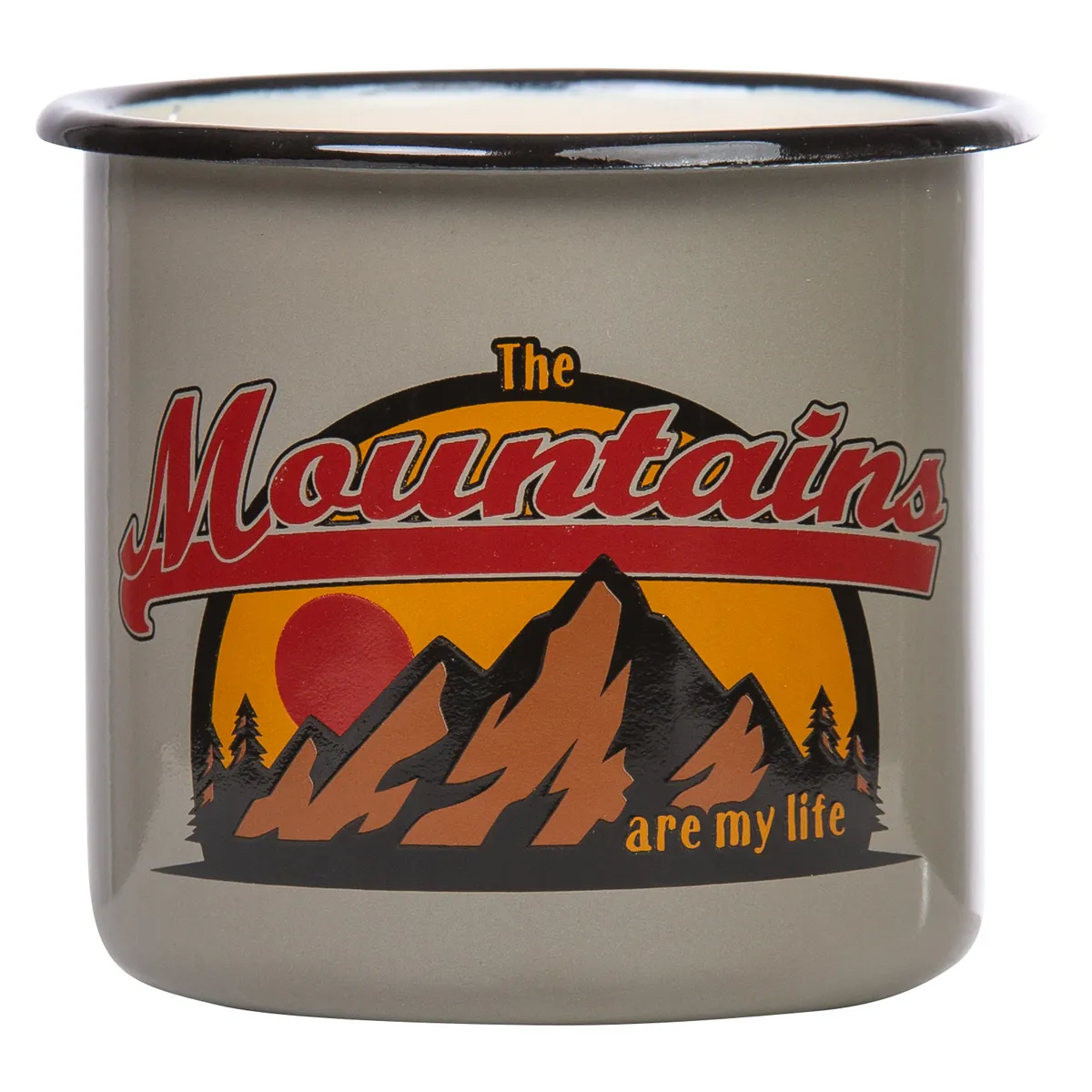 MOUNTAINS ARE MY LIFE Emaillebecher in grau mit farbigem Aufdruck