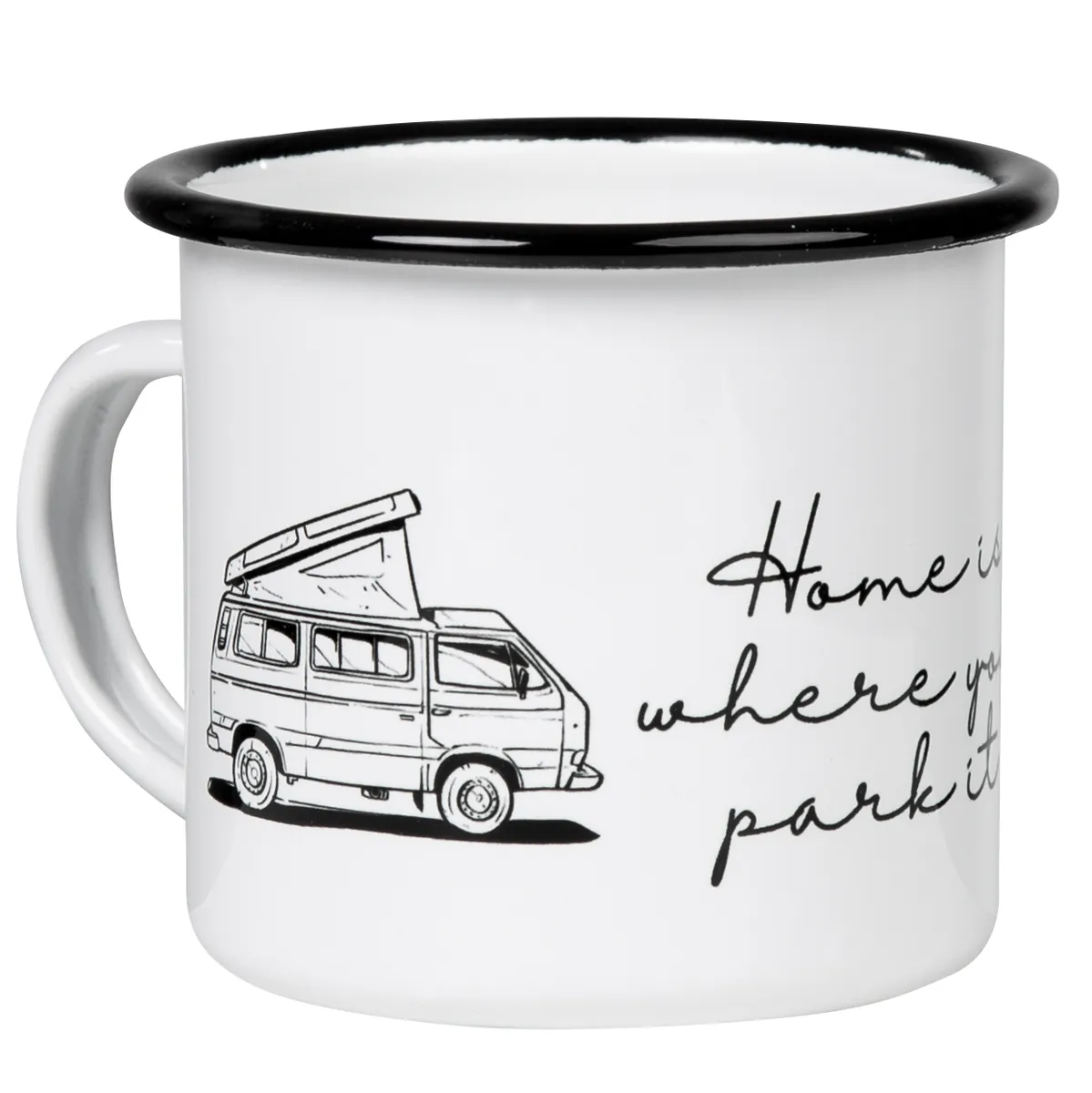HOME IS WHERE YOU PARK IT Emaillebecher mit Campingbus mit Aufstelldach