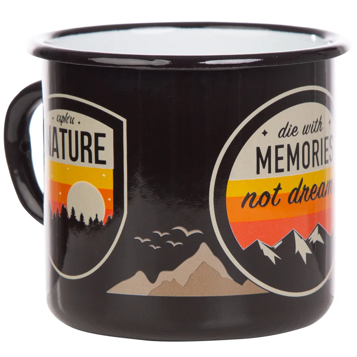 Emaillebecher BADGES in schwarz mit verschiedenen Outdoor Motiven in Badge Design