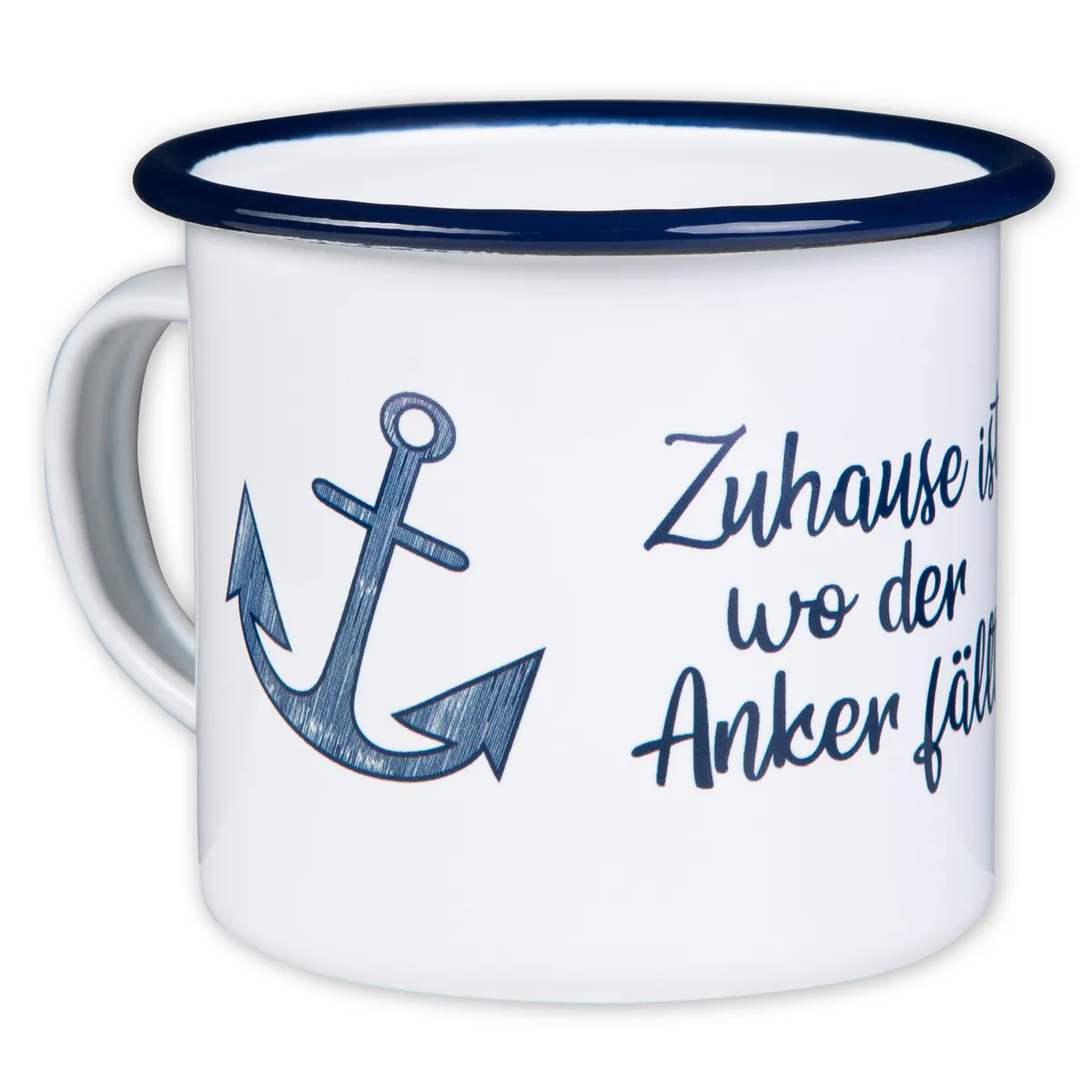 ZUHAUSE IST WO DER ANKER FÄLLT Emaillebecher weiß