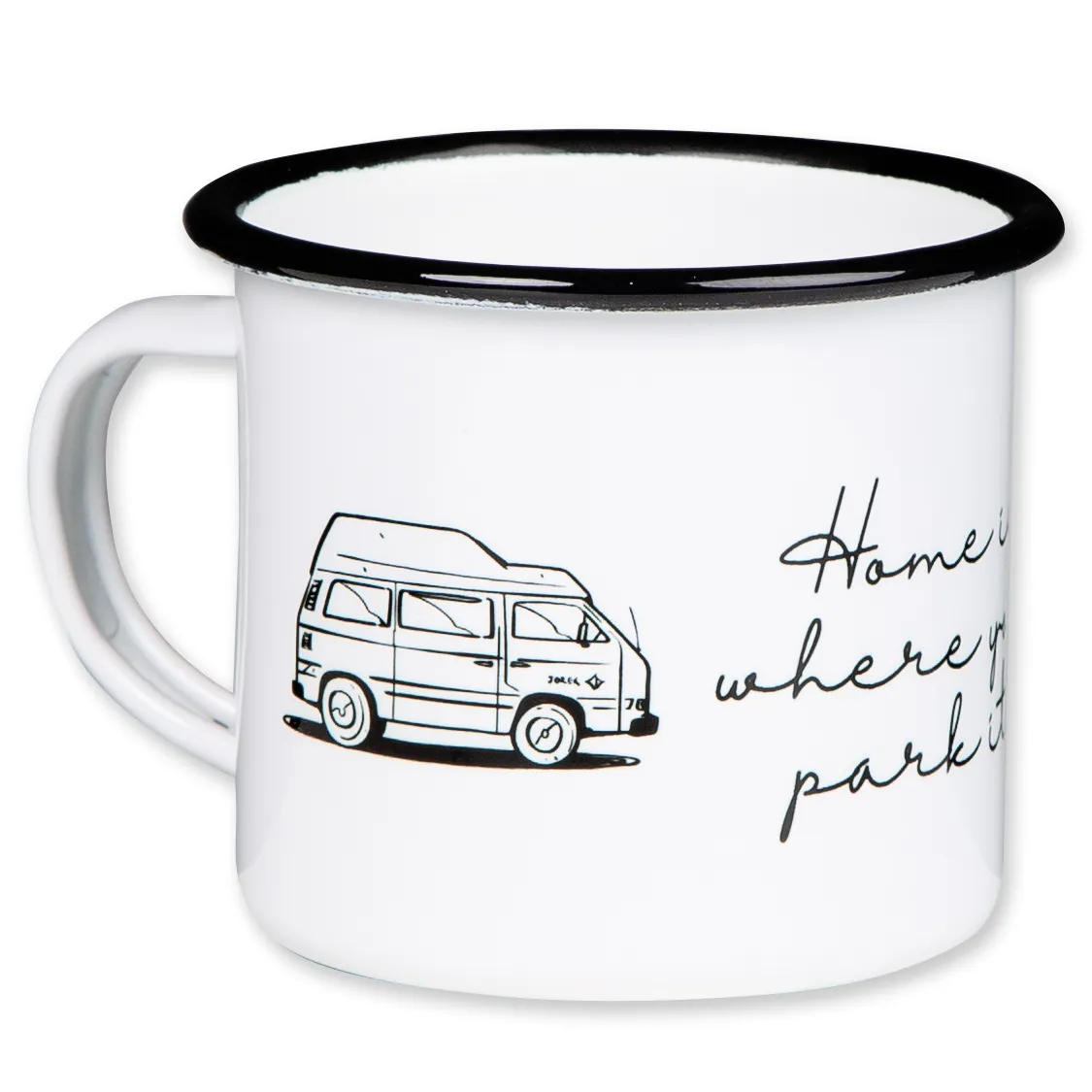 HOME IS WHERE YOU PARK IT Emaillebecher mit Campingbus mit Hochdach