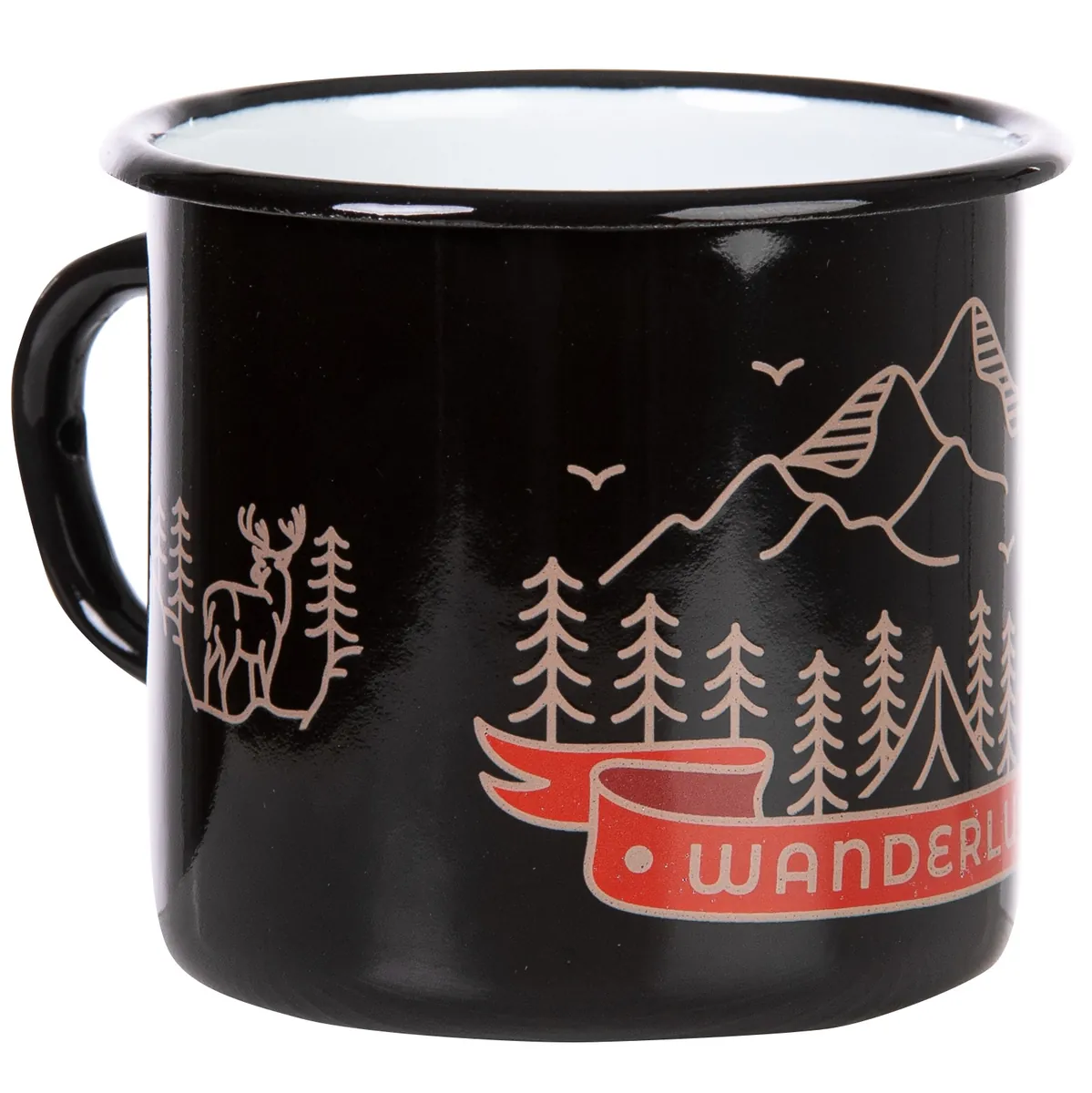 WANDERLUST Emaillebecher in schwarz mit farbigem Aufdruck