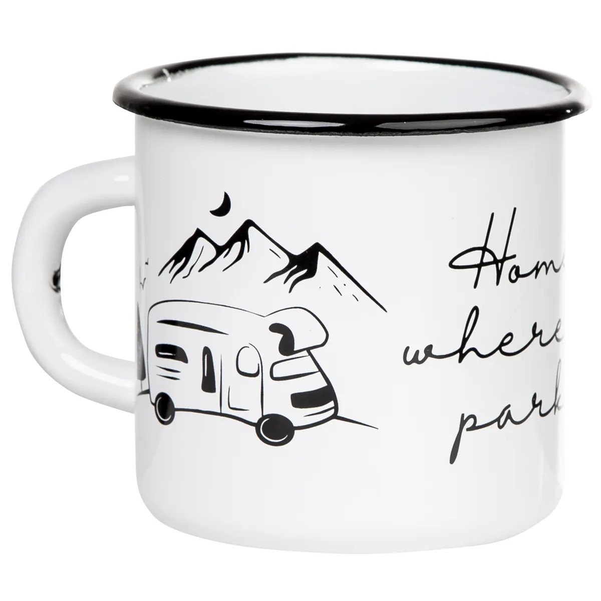 HOME IS WHERE YOU PARK IT Emaillebecher mit Wohnmobil Zeichnung