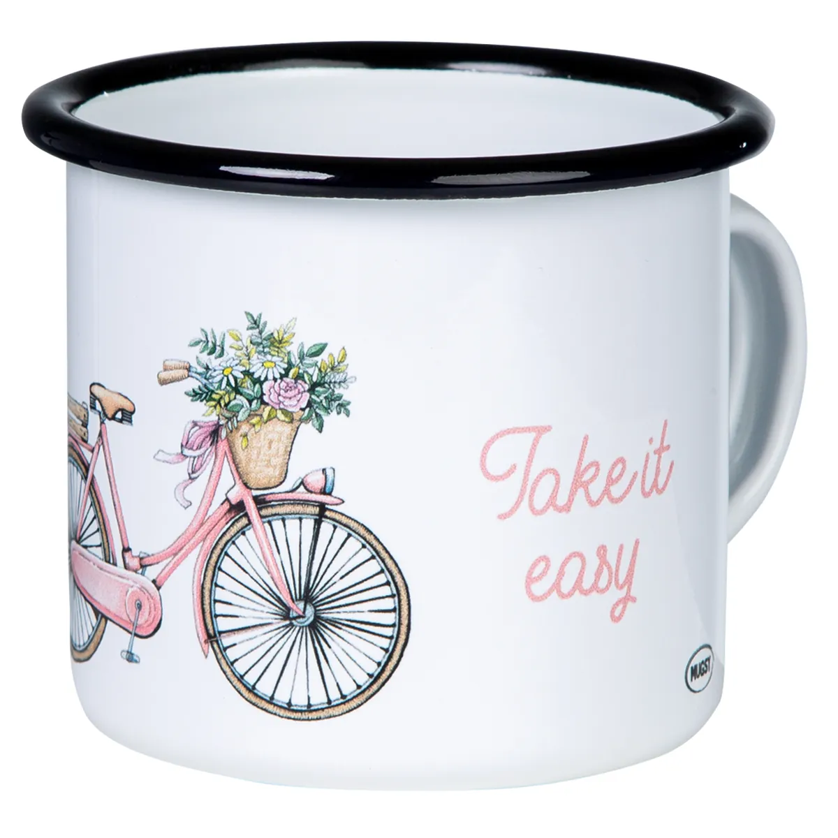 KEEP IT SIMPLE - TAKE IT EASY Emaillebecher "Fahrrad mit Blumenkorb" Zeichnung