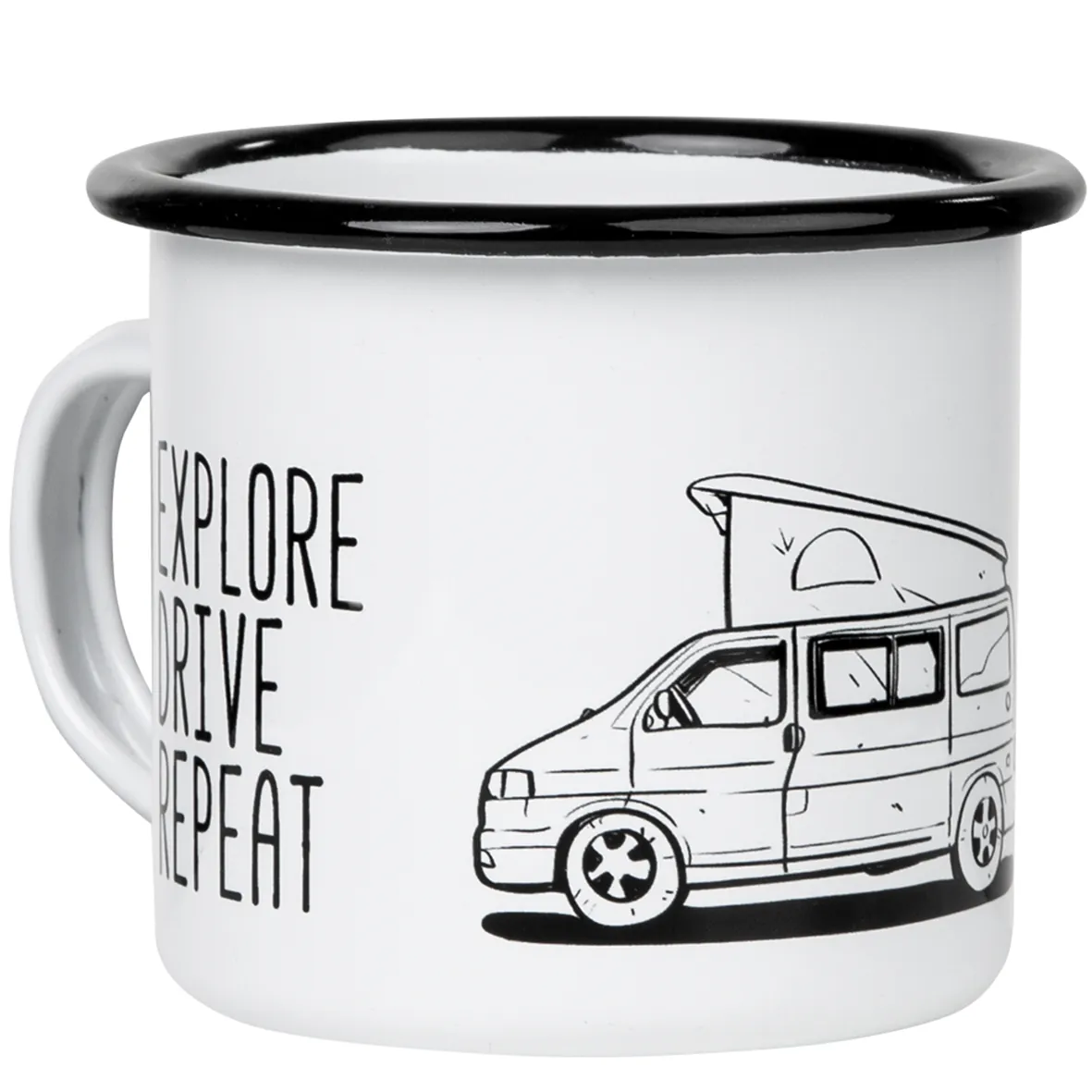 EAT SLEEP CAMP Emaillebecher mit Campingbus Zeichnung