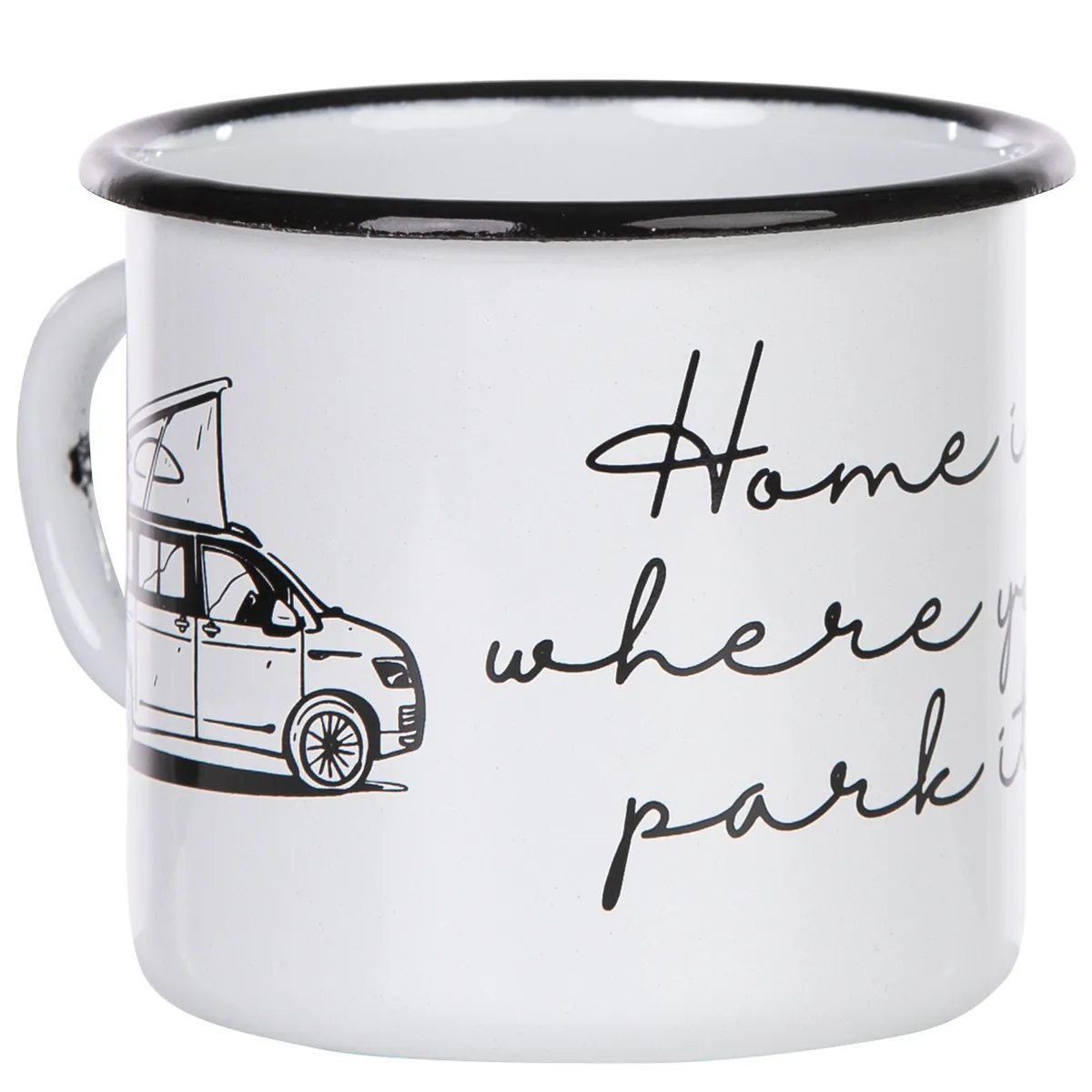 HOME IS WHERE YOU PARK IT Emaillebecher mit Campingbus mit Aufstelldach