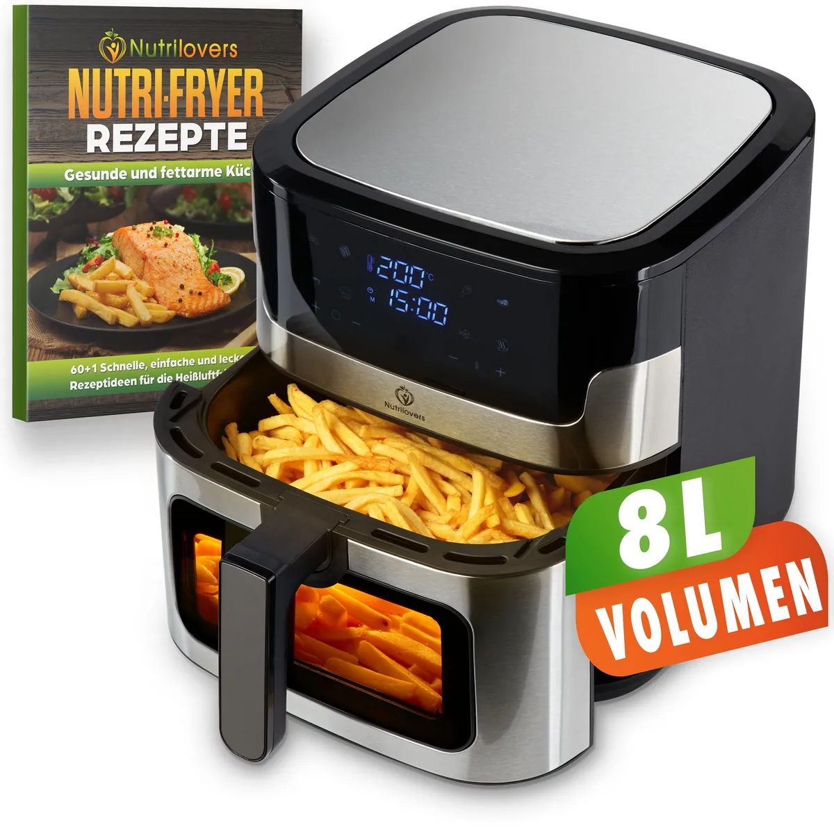 NUTRI-FRYER (B) Heißluftfritteuse XXL Edelstahl, 8L, 2000W, Ober-& Unterhitze