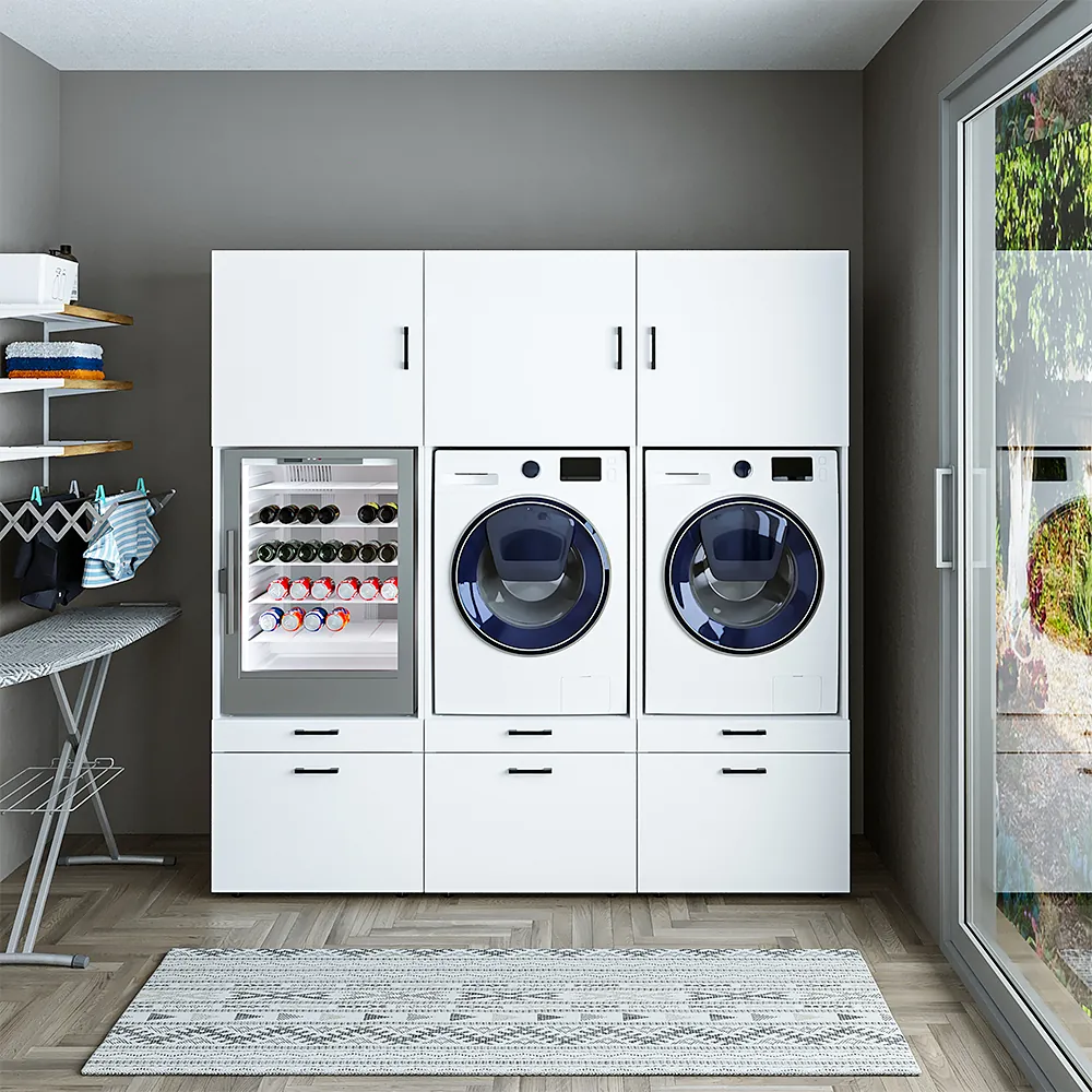 Roomart Schrankwand für Waschmaschine & Trockner – SERIE 2 - 201 cm breit, Waschmaschinen-Überbau mit Schrankaufsätzen, Waschküche & Hauswirtschaftsraum, Weiß / Schwarz-Eiche