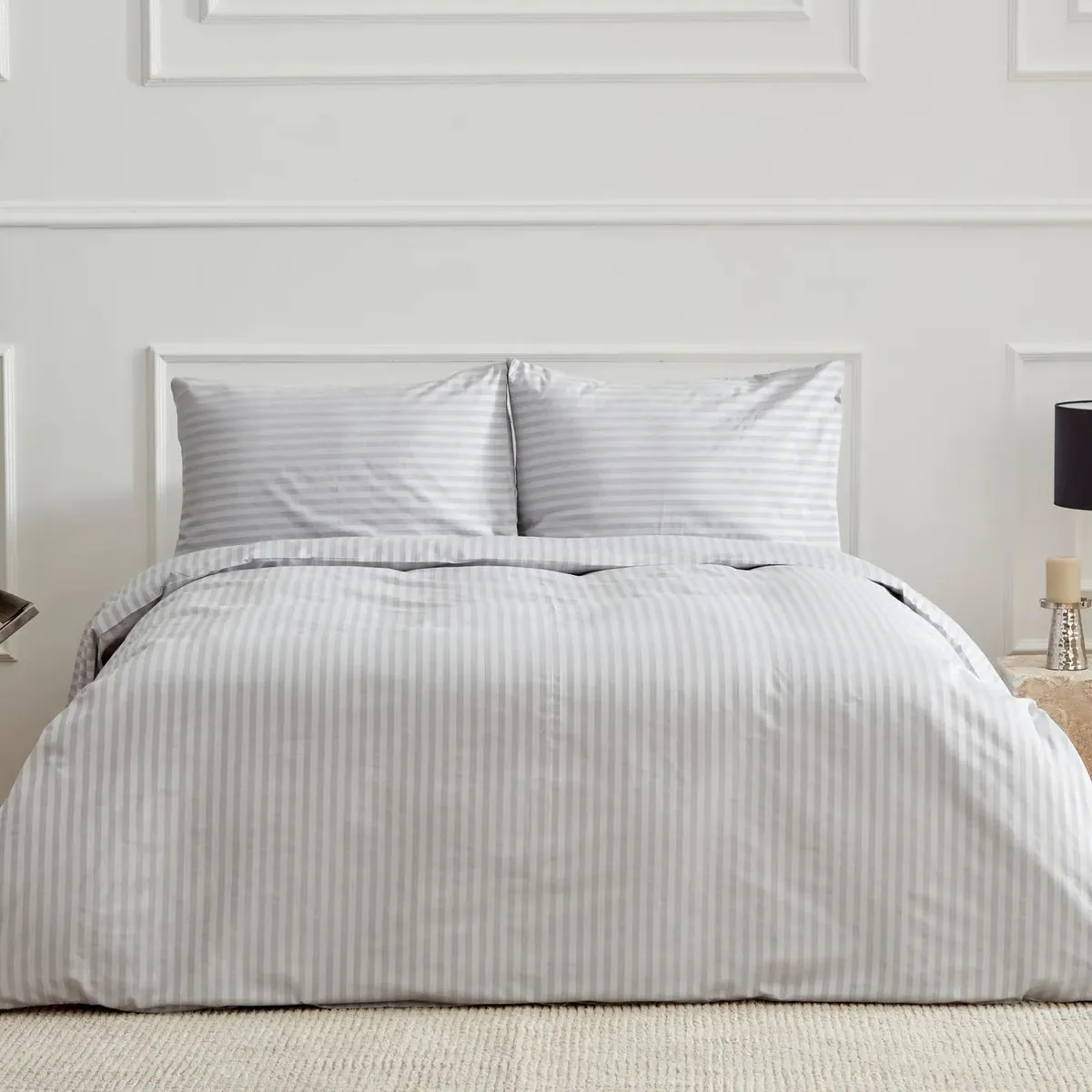 Karaca Home Josef Satin Doppel-Bettbezug Set Gestreift Grau