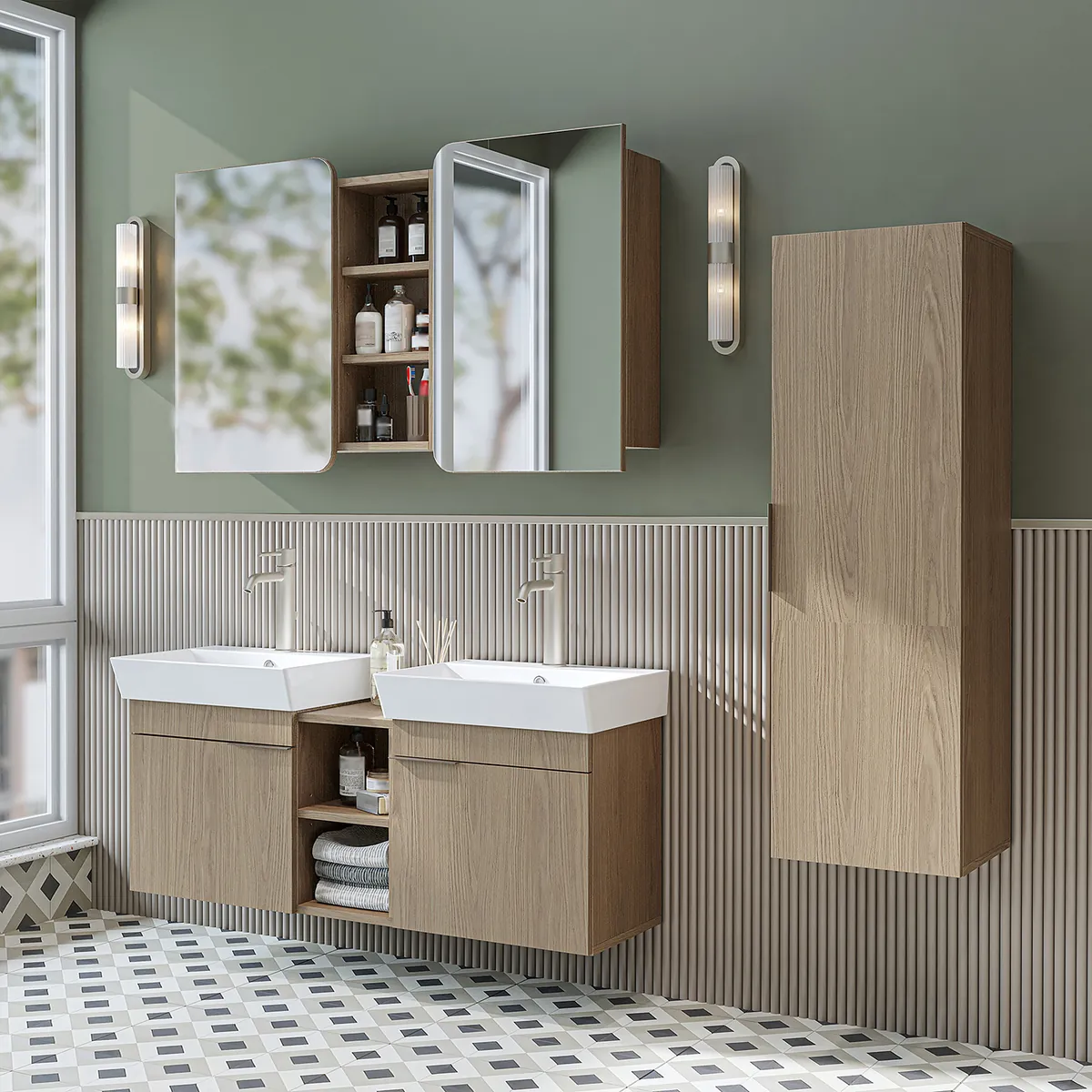 Roomart Badmöbel-Set LYCIA 120 cm, 4-teilig mit Doppelwaschtisch und Spiegelschrank, in 4 Farben
