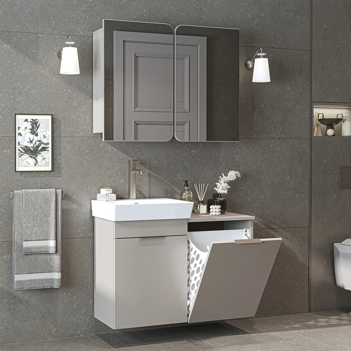 Roomart 3-teiliges Badmöbel-Set LYCIA, 49 cm, Waschtisch mit Spiegelschrank, in 4 Farben