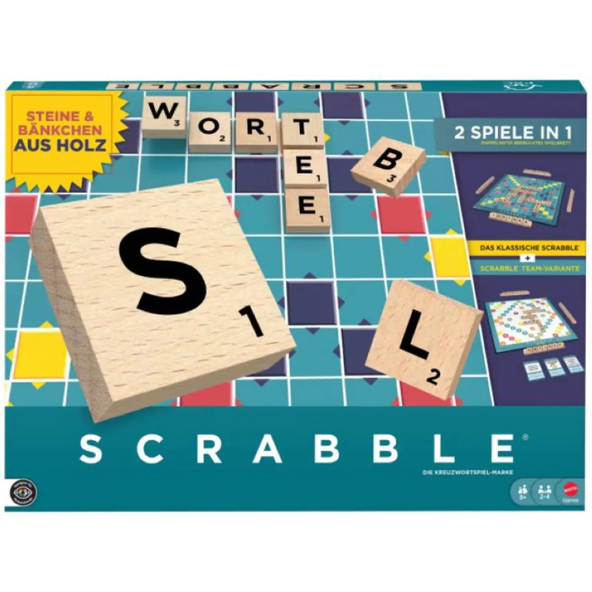 Mattel Brettspiel Scrabble Original oder als Team-Variante 2 Spiele in 1