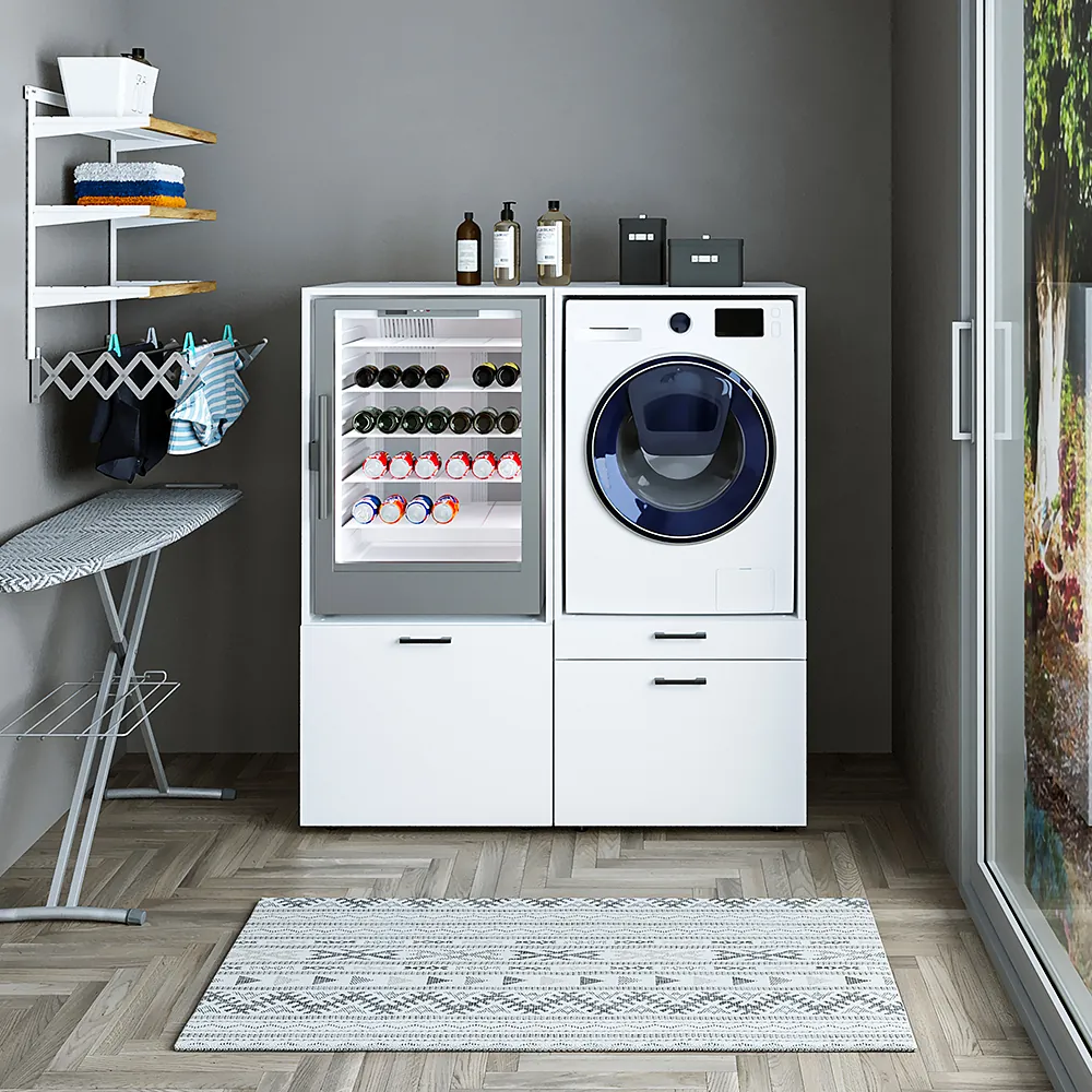 Roomart Waschmaschinenschrank – Doppelschrank mit Ausziehplatte & Schublade, 134×145×65 cm, Hauswirtschaftsraum, Weiß / Schwarz-Eiche