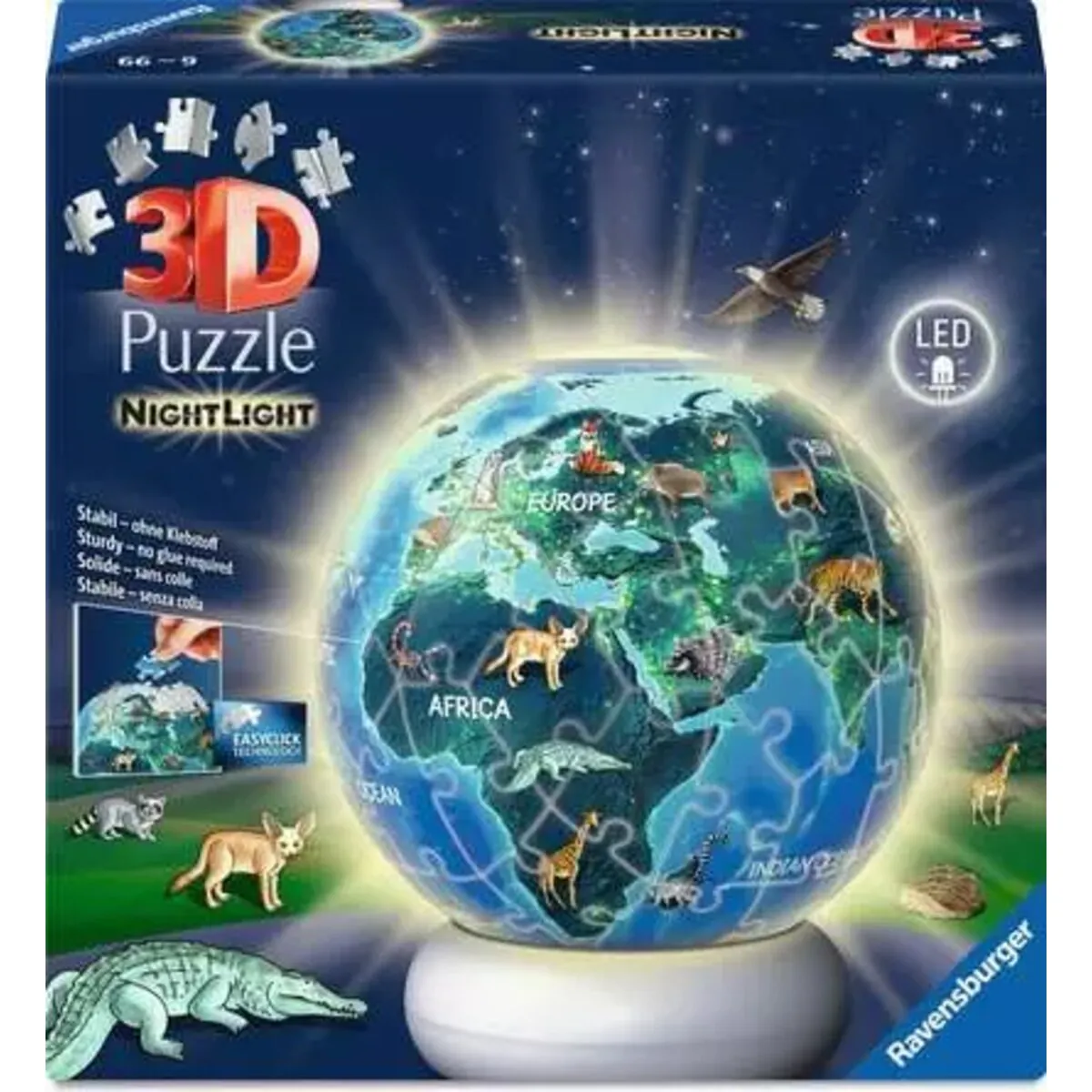 Ravensburger 12008055 3D Puzzle beleuchtet 72 Puzzle-Ball Nachtlicht Erde mit Tiermotiven