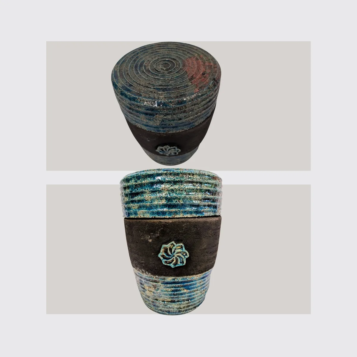 Raku Urne Schwarz Blau Blume