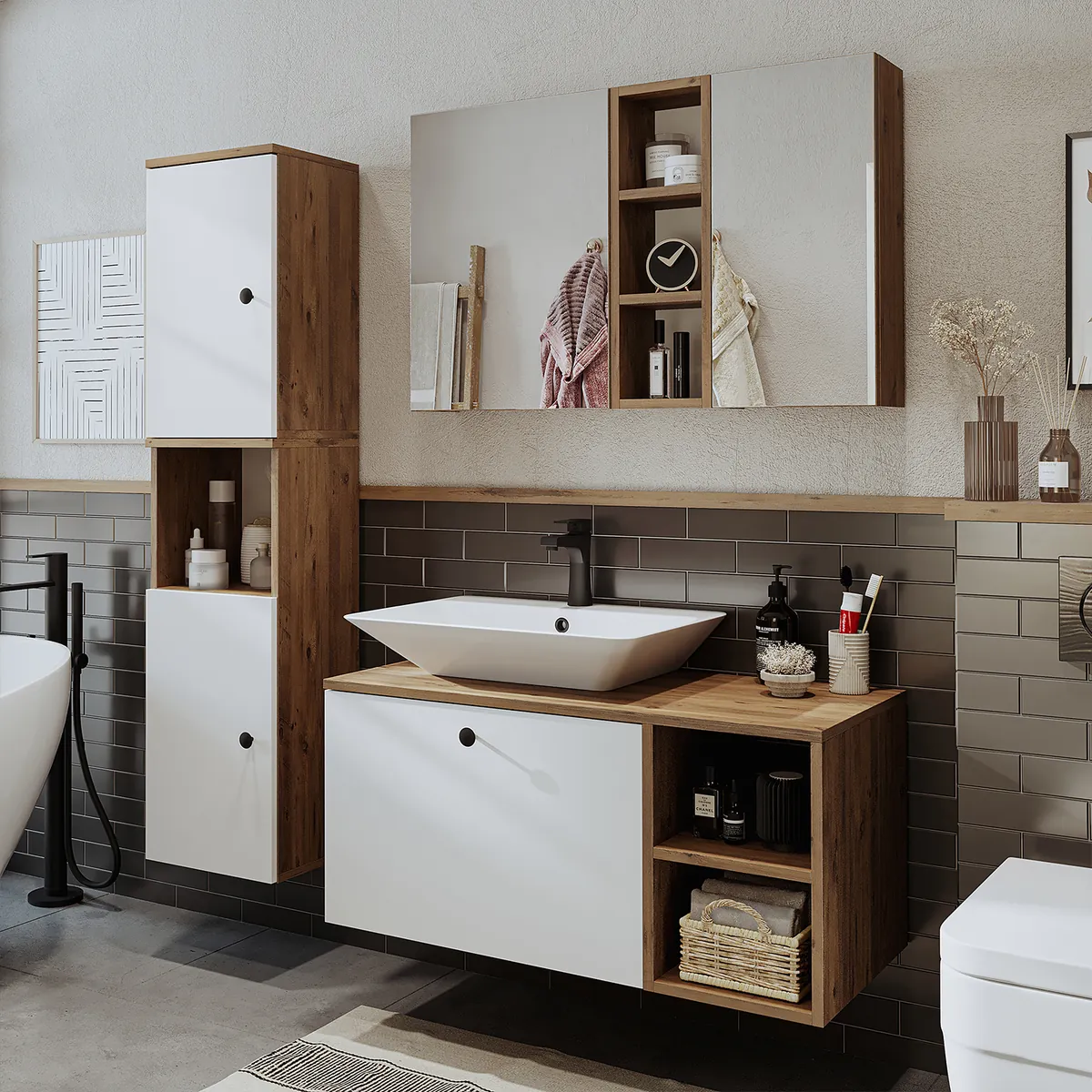 Roomart Badmöbel Set LOTUS 95 cm – 4-teiliges Badezimmermöbel mit Keramik-Waschbecken, Spiegelschrank & Hochschrank – Modernes Design