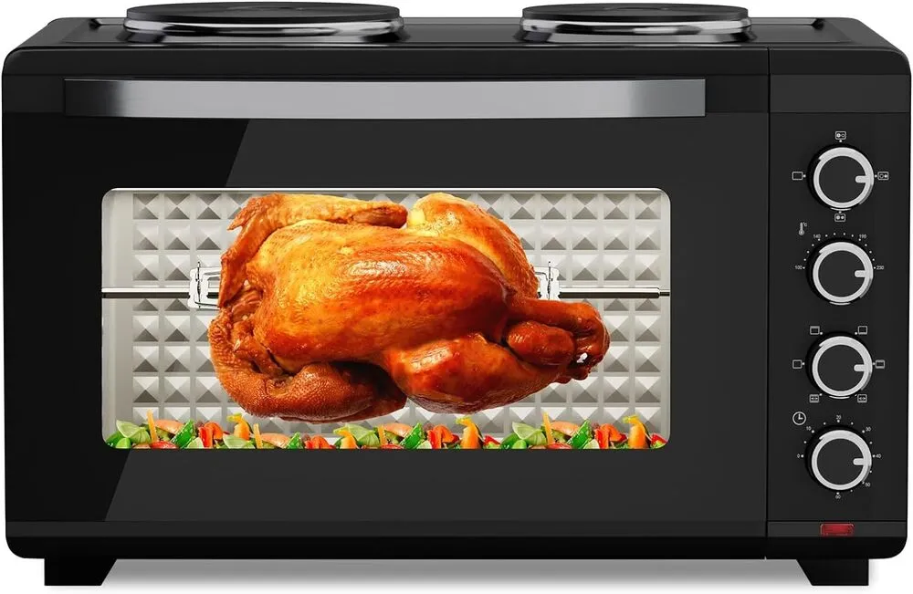 48L Minibackofen mit Kochplatten, Drehspieß, Umluft, 3600W, Pizzaofen, Grill und Ofenfunktion