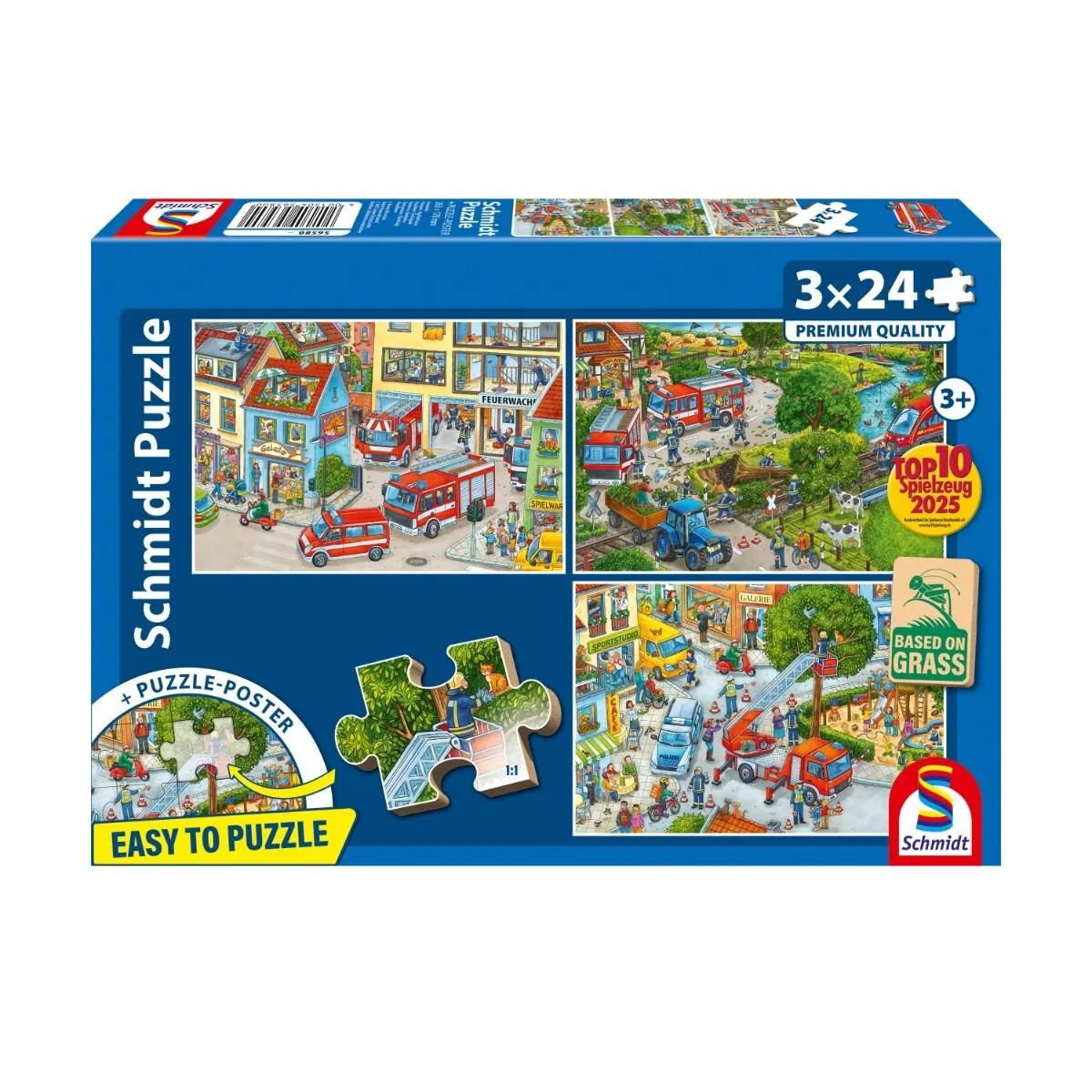 Schmidt Spiele Puzzle - Feuerwehr, 3 x 24 Teile Kinderpuzzle, Grasfaser Kinderpuzzle