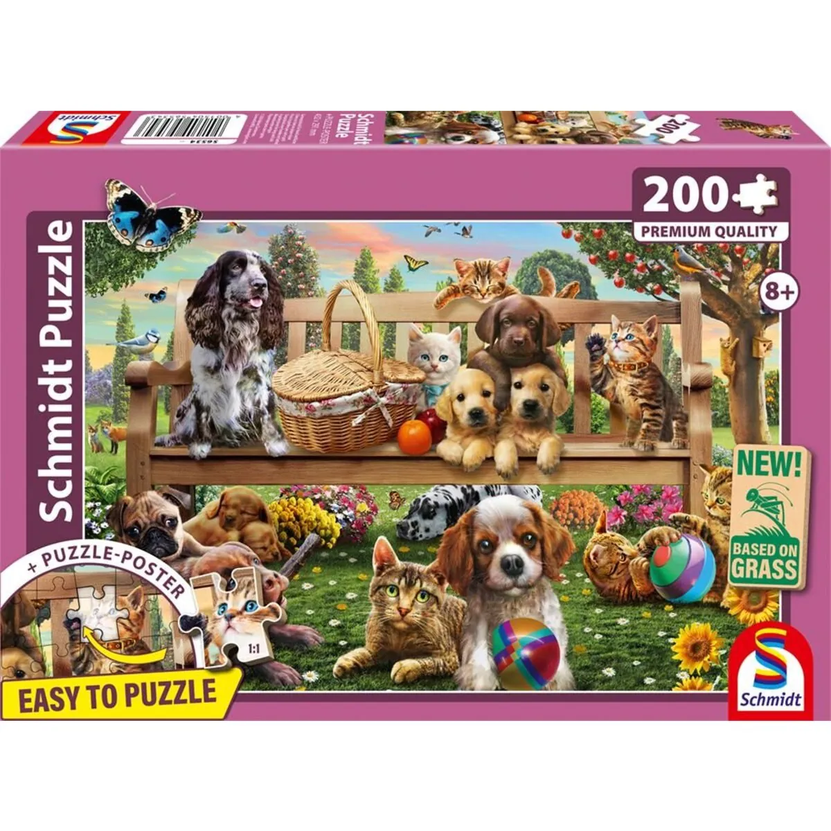 Schmidt Spiele Puzzle - Gartenpicknick für Hund und Katze, 200 Teile, Eco-Friendly, Gras Kinderpuzzle