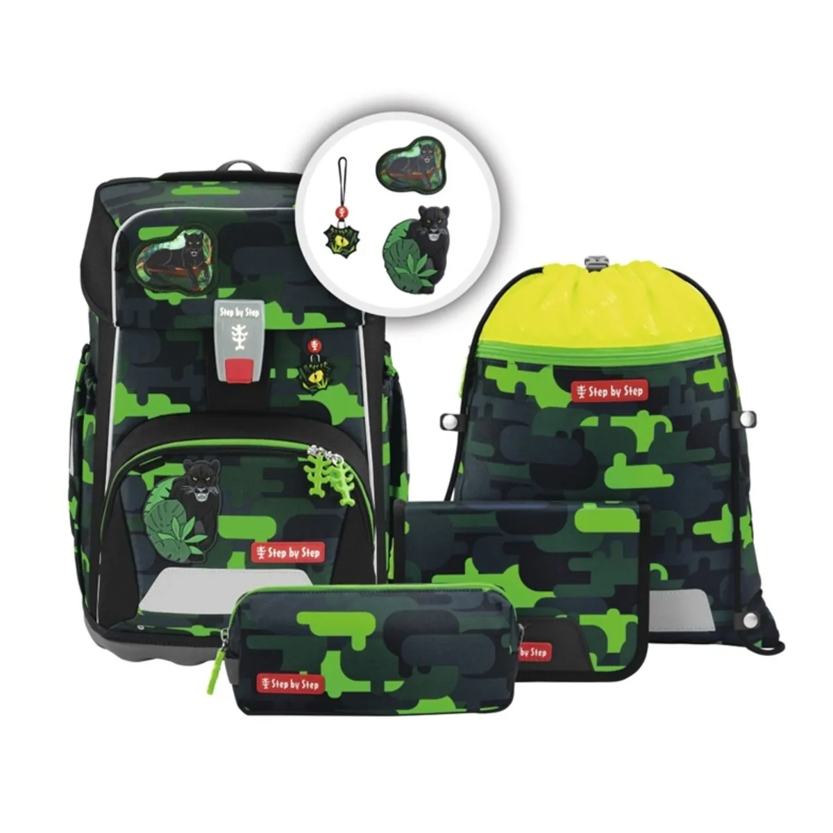 Step by Step GIANT 5-teiliges Schulranzen-Set Black Cat Chiko 23 Liter grau grün