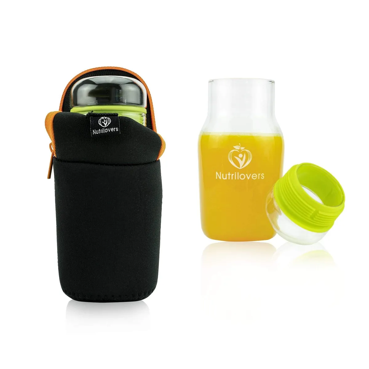 Trinkflasche NUTRI-GOLD aus Borosilikat-Glas mit Schutzhülle (BPA-frei)