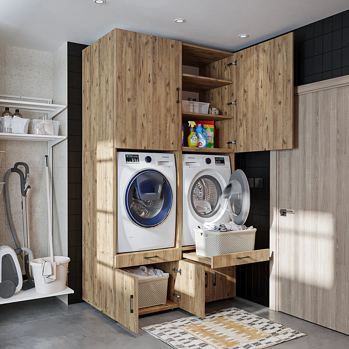 Roomart Waschmaschinenschrank 95 cm mit Schrankaufsätzen & Ausziehbrett - SERIE 3 - BHT