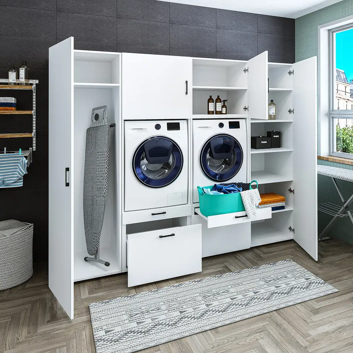 Roomart Waschmaschinenschrank - SERIE 2 -  254 cm breit – Schrankwand für Waschküche & Hauswirtschaftsraum, mit Schubladen & Ausziehbrett – Weiß / Schwarz-Eiche